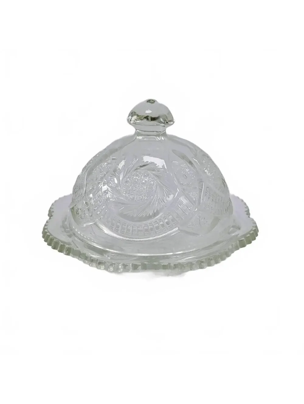 Vtg L.E. Smith Clear Aztec Sunburst Glass Butter Dish